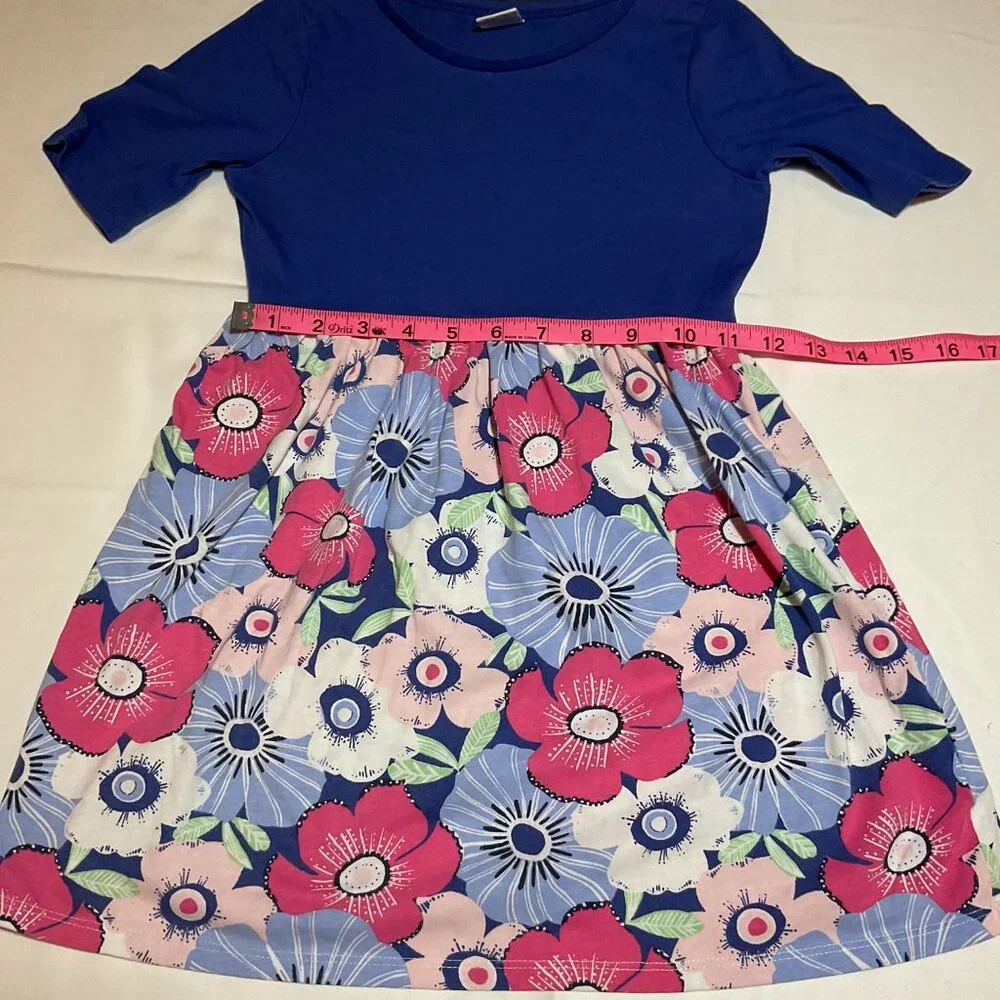 Gymboree Girls Size Small 5-6 Blue Solid Top Floral Bottom Short Sleeve Dress